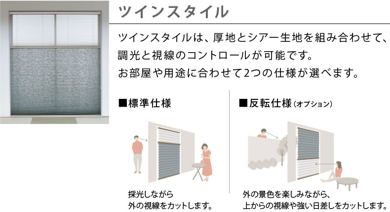 1台に厚地と薄地(シアー生地)を配置。便利なツインタイプ