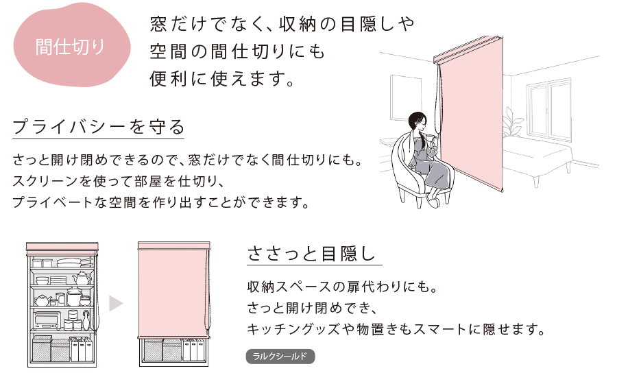 窓以外に間仕切りなどで便利に使えます