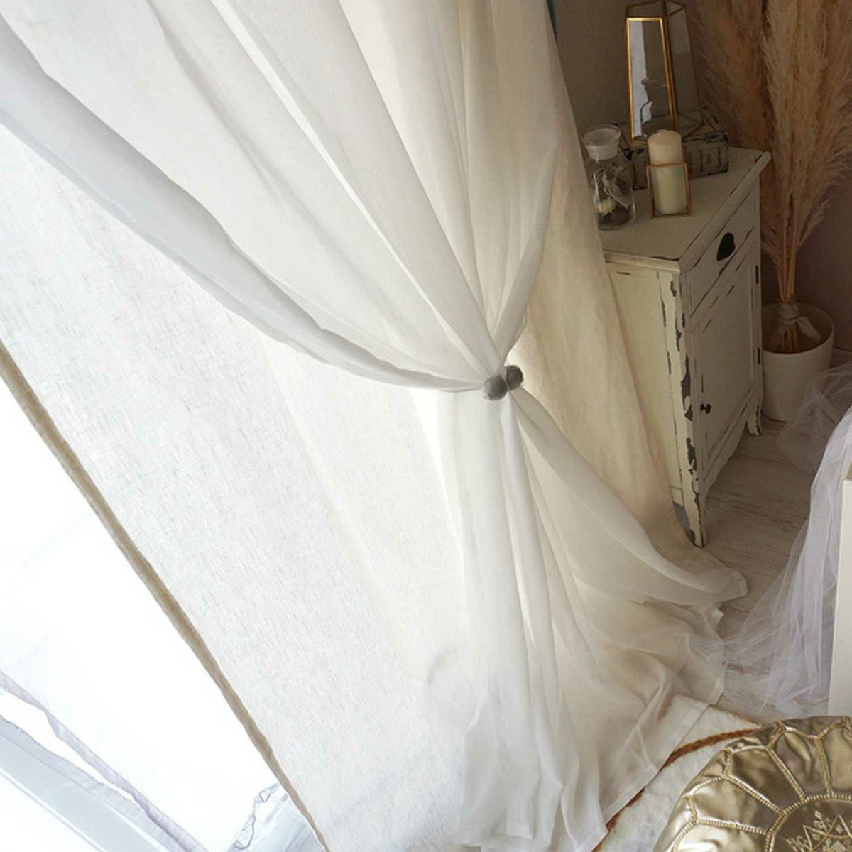 リネン100％の厚地＋レースの一体型カーテン＜パステルリーノ　アイボリー×シフォン＞