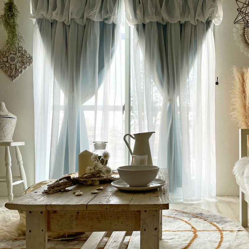 遮光1級厚地＋レースの一体型オリジナルカーテン＜ハニーココ　ミルキーブルー×シフォン＞