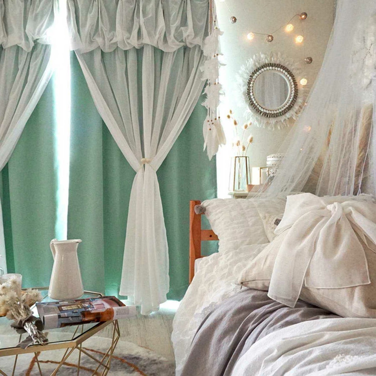 遮光1級厚地＋レースの一体型オリジナルカーテン＜ハニーココ　ミント×シフォン＞
