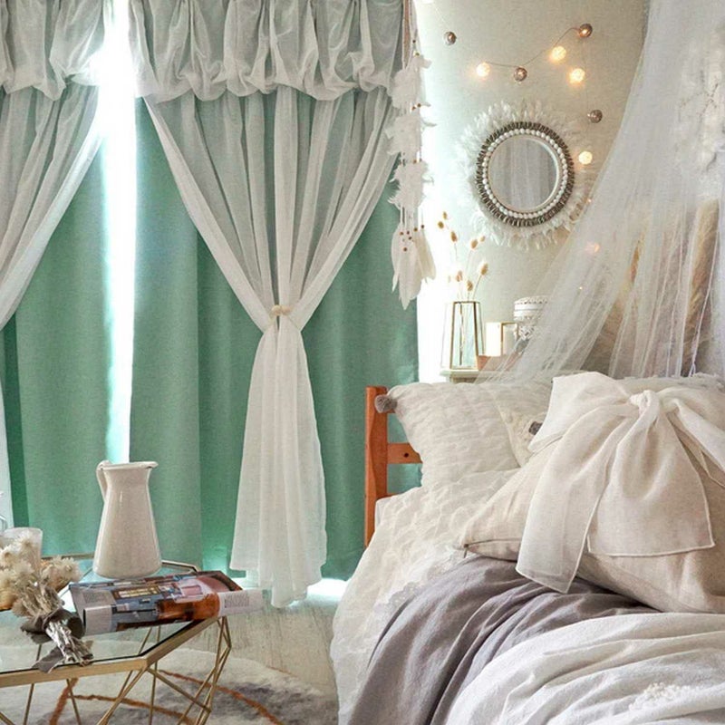 遮光1級厚地＋レースの一体型オリジナルカーテン＜ハニーココ　ミント×シフォン＞