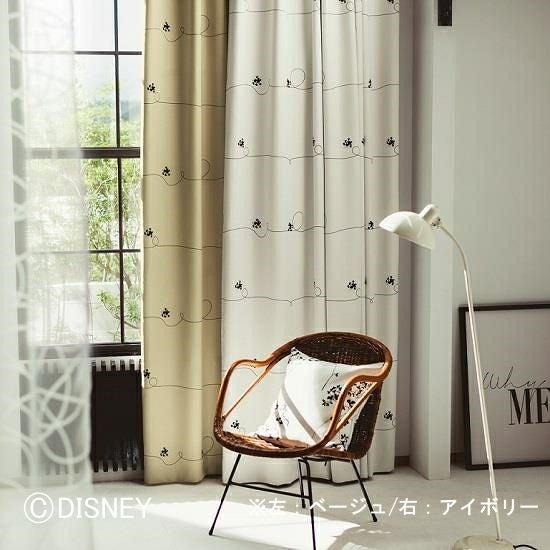 Disney】おしゃれなディズニーカーテン ≪ミッキーライン／アイボリー