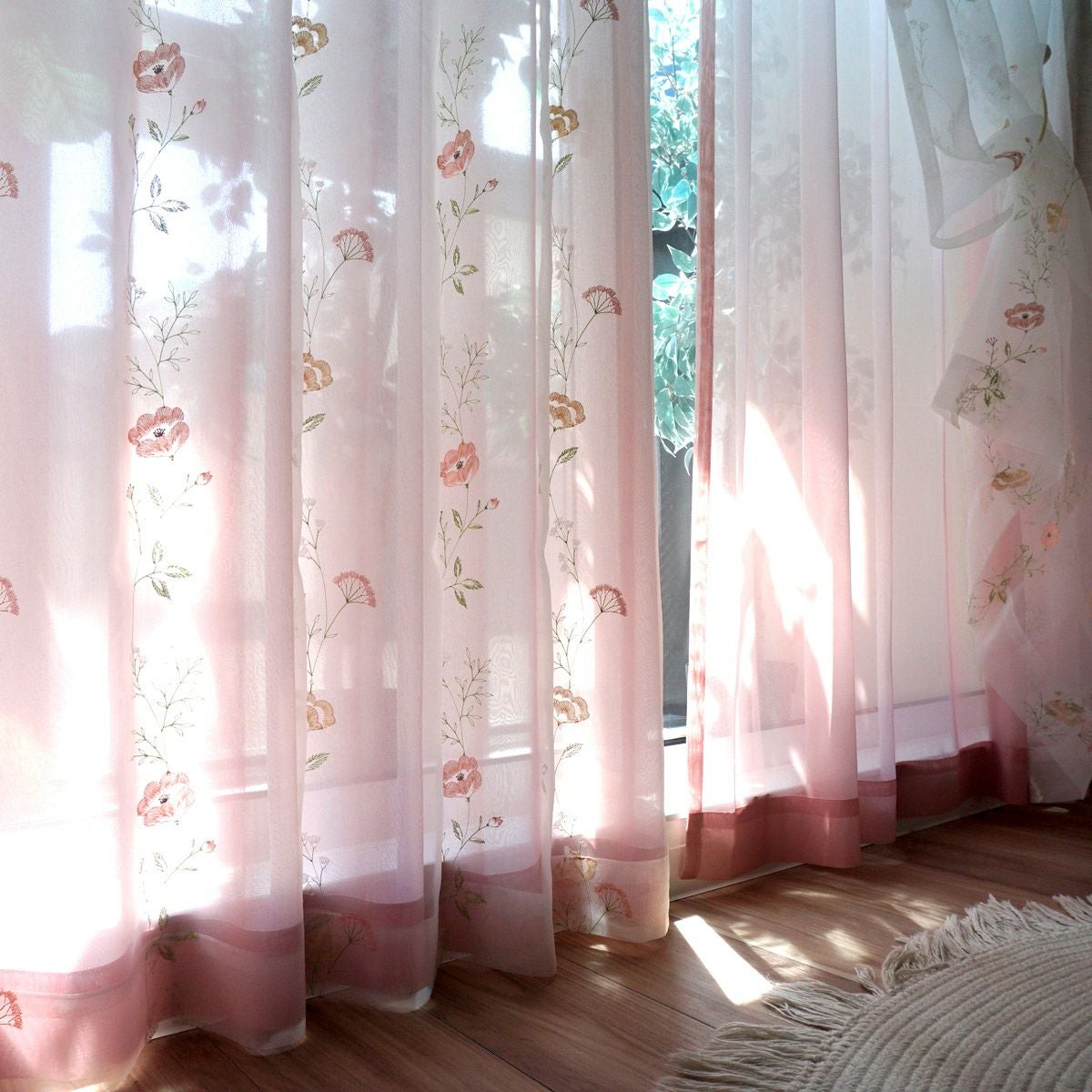 フランスブランドコクシグルリネン刺繍のカーテン薄ピンク2枚 ツル カーテン JD-67207R ピンクベージュ ｜ジャストカーテン